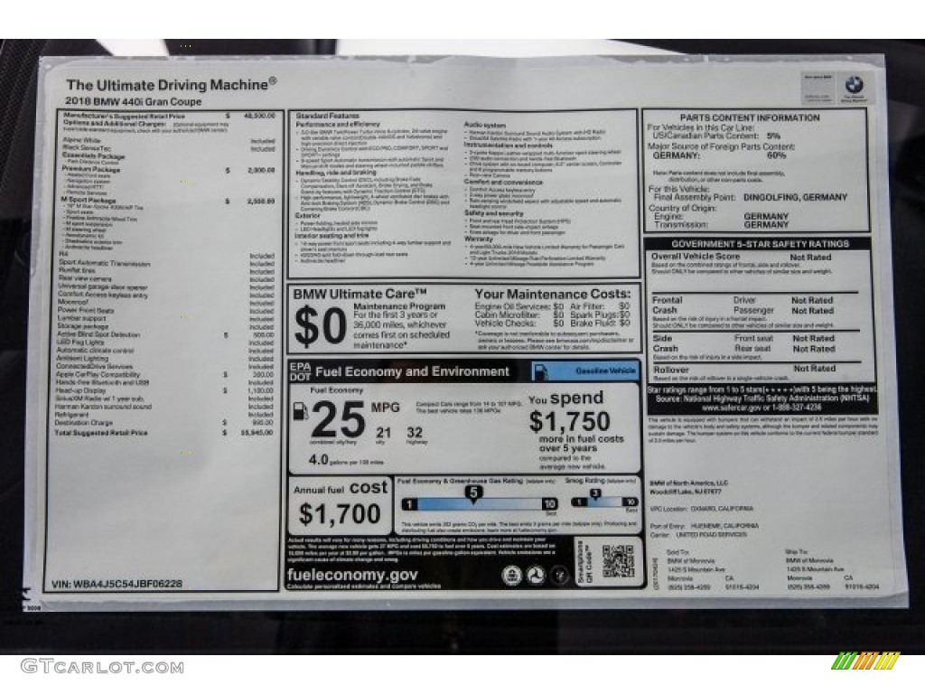 2018 BMW 4 Series 440i Gran Coupe Window Sticker Photo #120184806