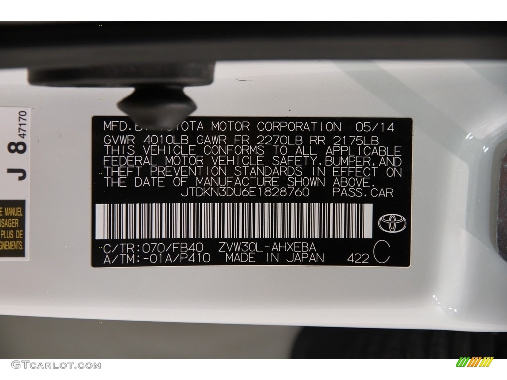 2014 Prius Color Code 070 for Blizzard White Pearl Photo #120218331