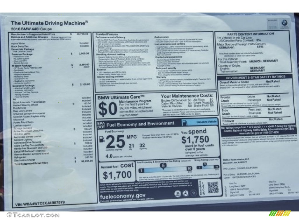 2018 BMW 4 Series 440i Coupe Window Sticker Photo #120229032