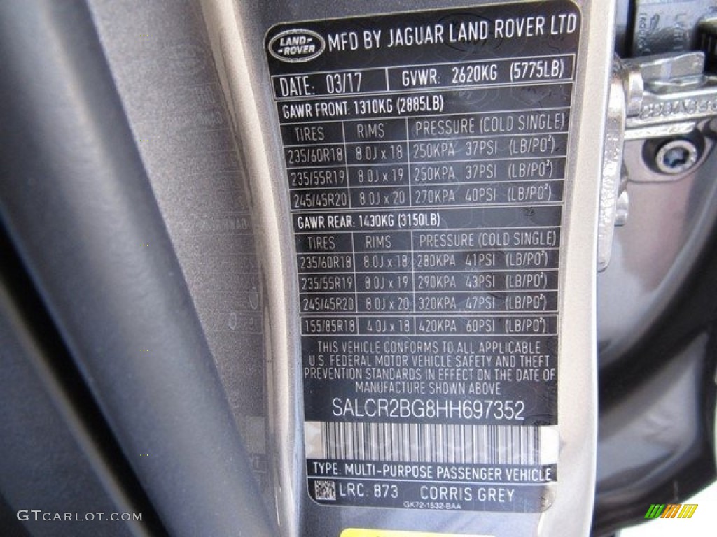 2017 Discovery Sport Color Code 873 for Corris Grey Metallic Photo #120234270