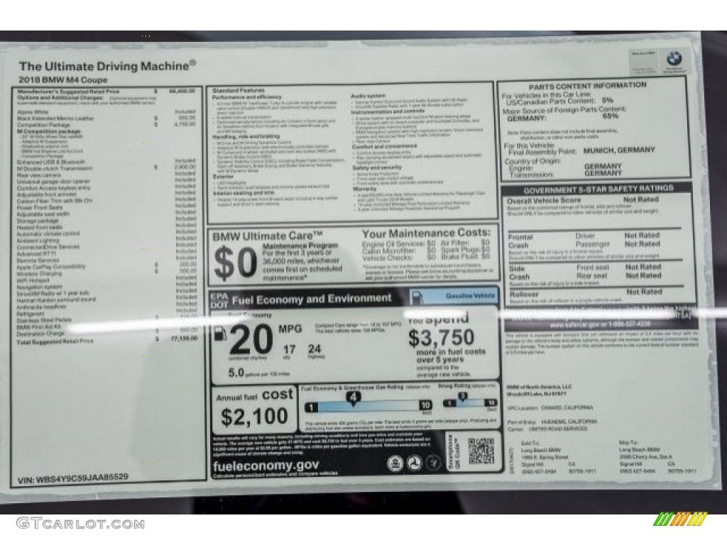 2018 BMW M4 Coupe Window Sticker Photo #120243804