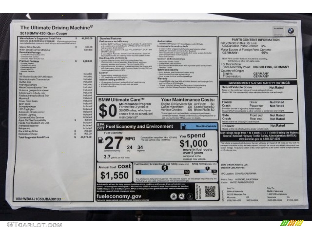 2018 BMW 4 Series 430i Gran Coupe Window Sticker Photo #120247257