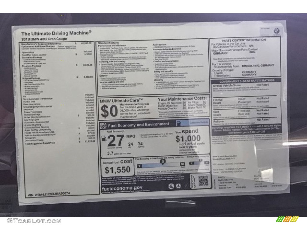 2018 BMW 4 Series 430i Gran Coupe Window Sticker Photo #120247483