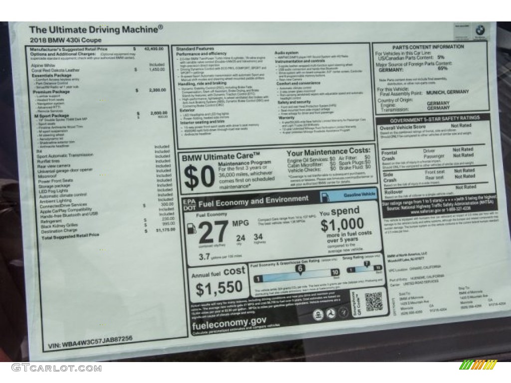 2018 BMW 4 Series 430i Coupe Window Sticker Photo #120247944