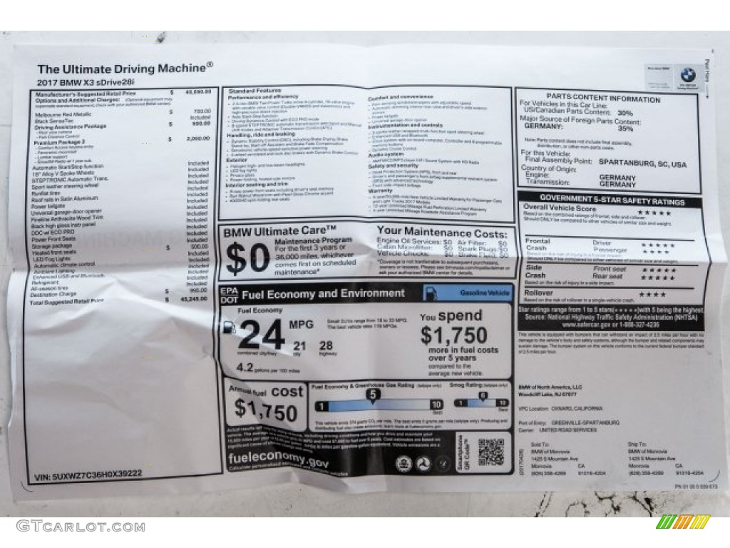 2017 BMW X3 sDrive28i Window Sticker Photo #120256206