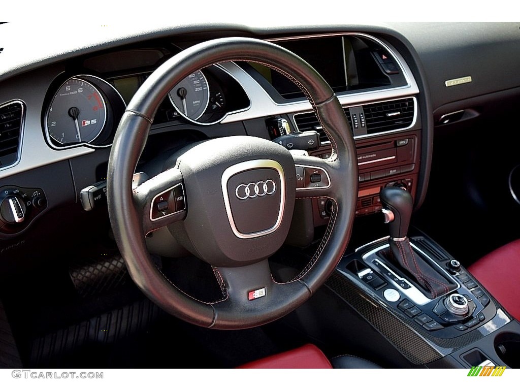 2012 Audi S5 3.0 TFSI quattro Cabriolet Black/Magma Red Steering Wheel Photo #120265398