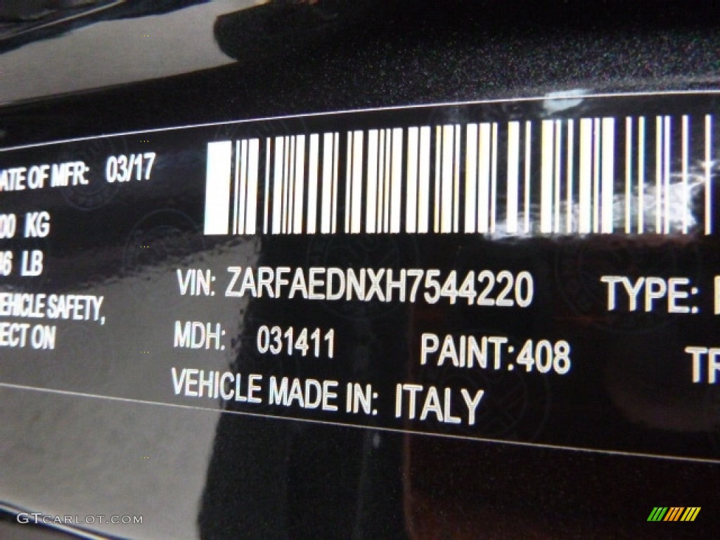 2017 Giulia Color Code 408 for Vulcano Black Metallic Photo #120297251