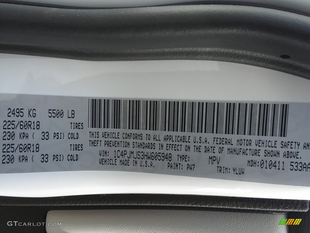 2017 Cherokee Color Code PW7 for Bright White Photo #120299408