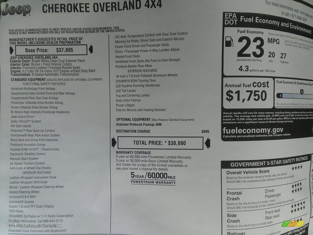 2017 Cherokee Overland 4x4 - Bright White / Brown/Pearl photo #33