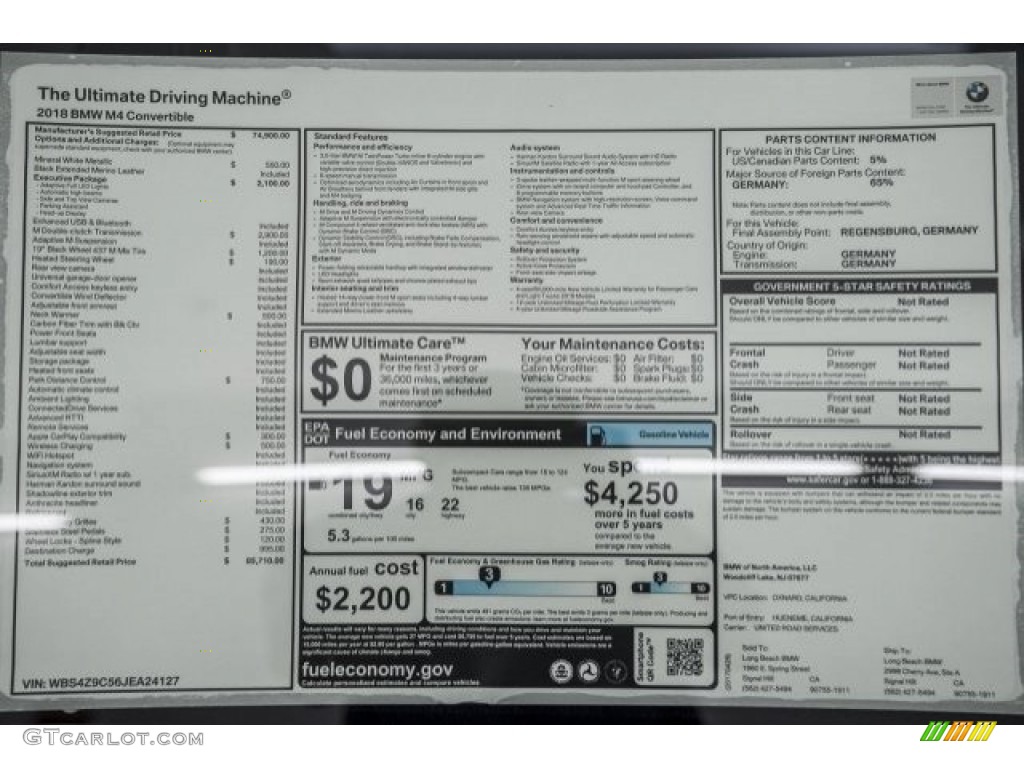 2018 BMW M4 Convertible Window Sticker Photo #120317138