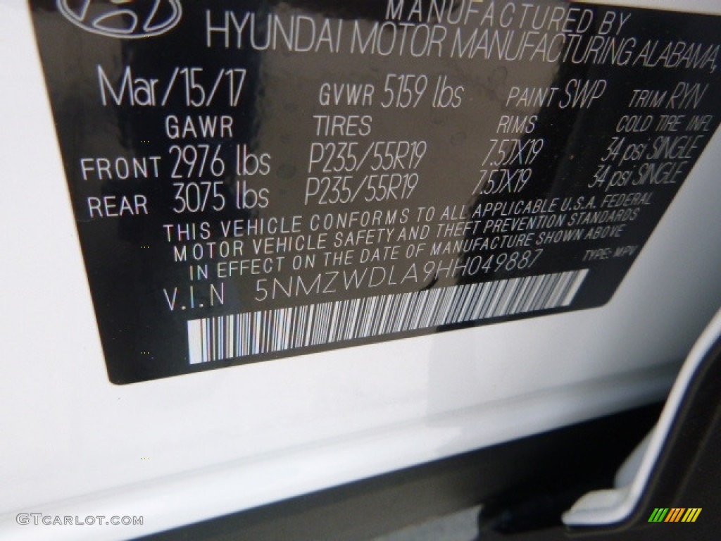 2017 Santa Fe Sport Color Code SWP for Pearl White Photo #120343006