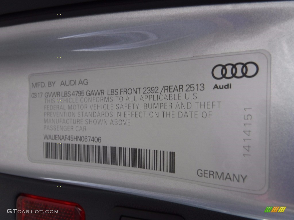 2017 A4 2.0T Premium Plus quattro - Florett Silver Metallic / Rock Gray photo #40