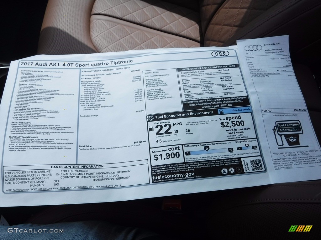 2017 Audi A8 L 4.0T quattro Window Sticker Photo #120343756