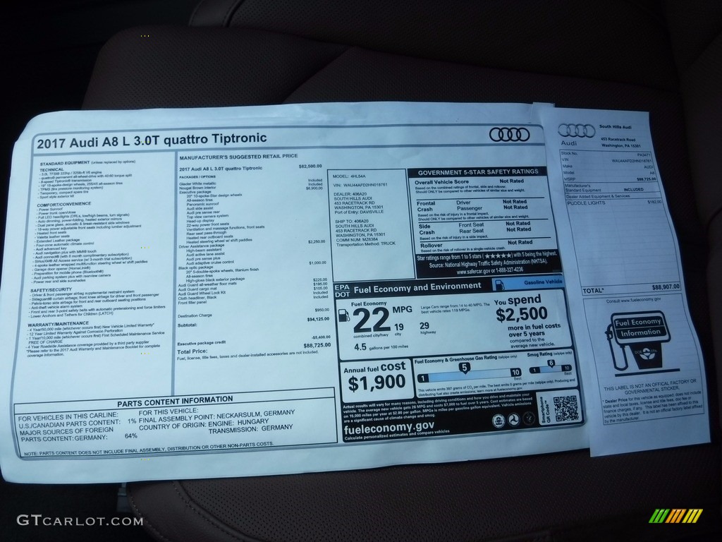 2017 Audi A8 L 3.0T quattro Window Sticker Photo #120344764