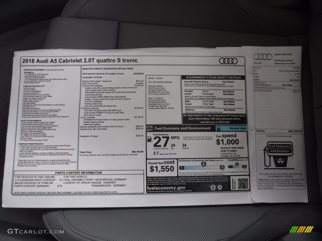 2018 Audi A5 Premium Plus quattro Cabriolet Window Sticker Photo #120345646