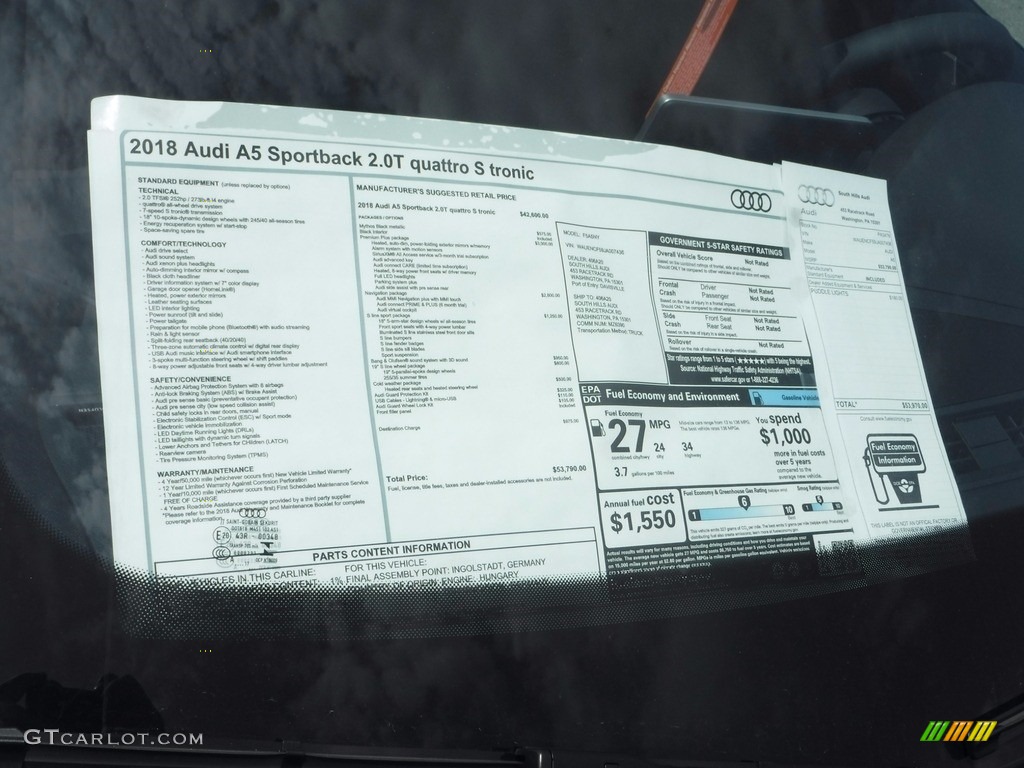 2018 Audi A5 Sportback Premium Plus quattro Window Sticker Photo #120391552