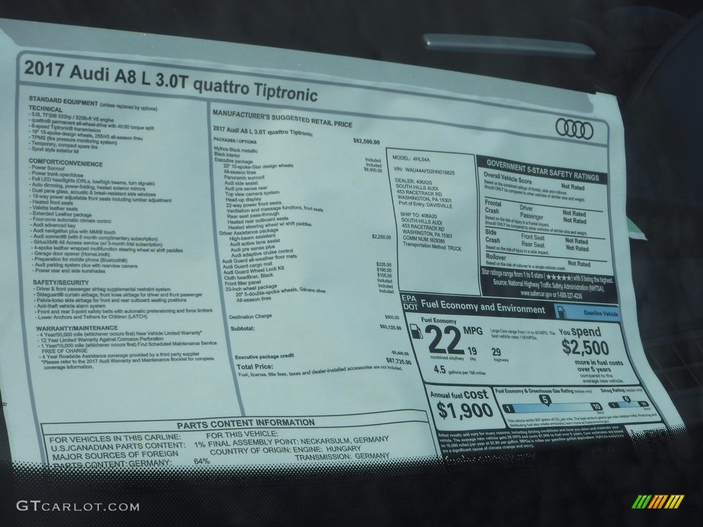 2017 Audi A8 L 3.0T quattro Window Sticker Photos