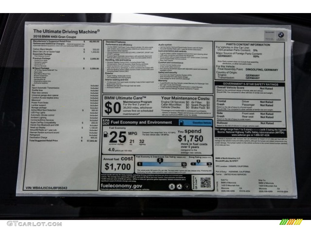 2018 BMW 4 Series 440i Gran Coupe Window Sticker Photo #120406862