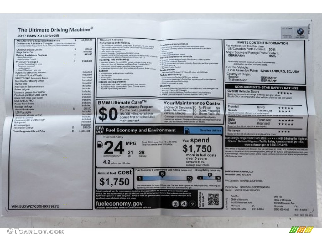 2017 BMW X3 sDrive28i Window Sticker Photo #120439432