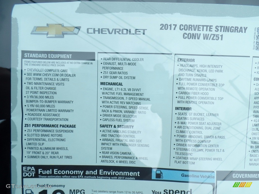 2017 Chevrolet Corvette Stingray Convertible Window Sticker Photo #120442543