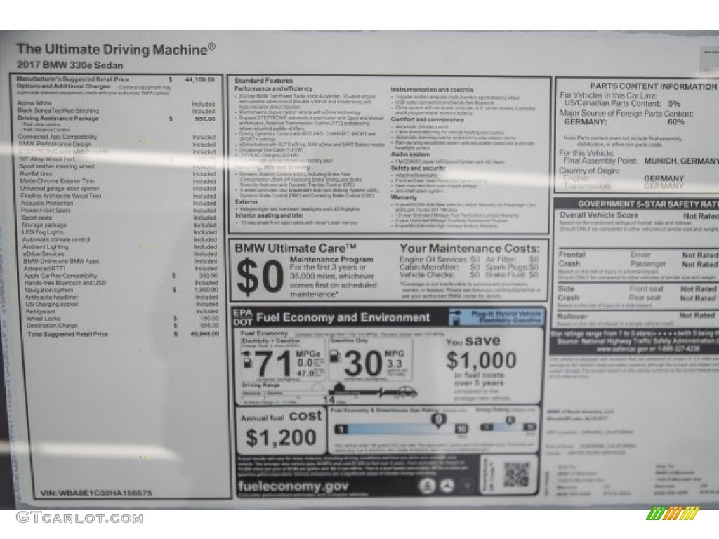 2017 3 Series 330e iPerfomance Sedan - Alpine White / Black photo #11