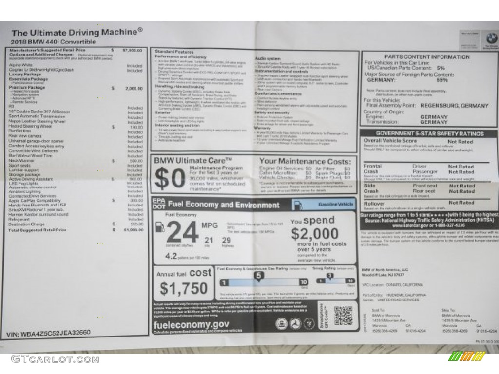 2018 BMW 4 Series 440i Convertible Window Sticker Photo #120462311