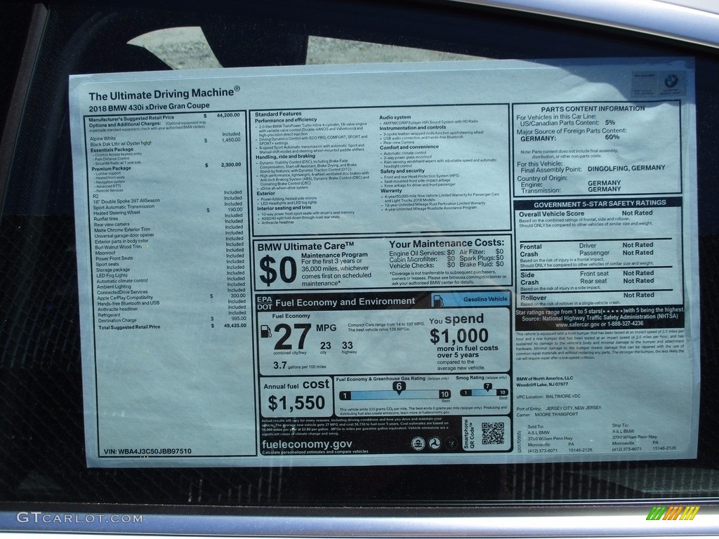 2018 BMW 4 Series 430i xDrive Gran Coupe Window Sticker Photo #120473401