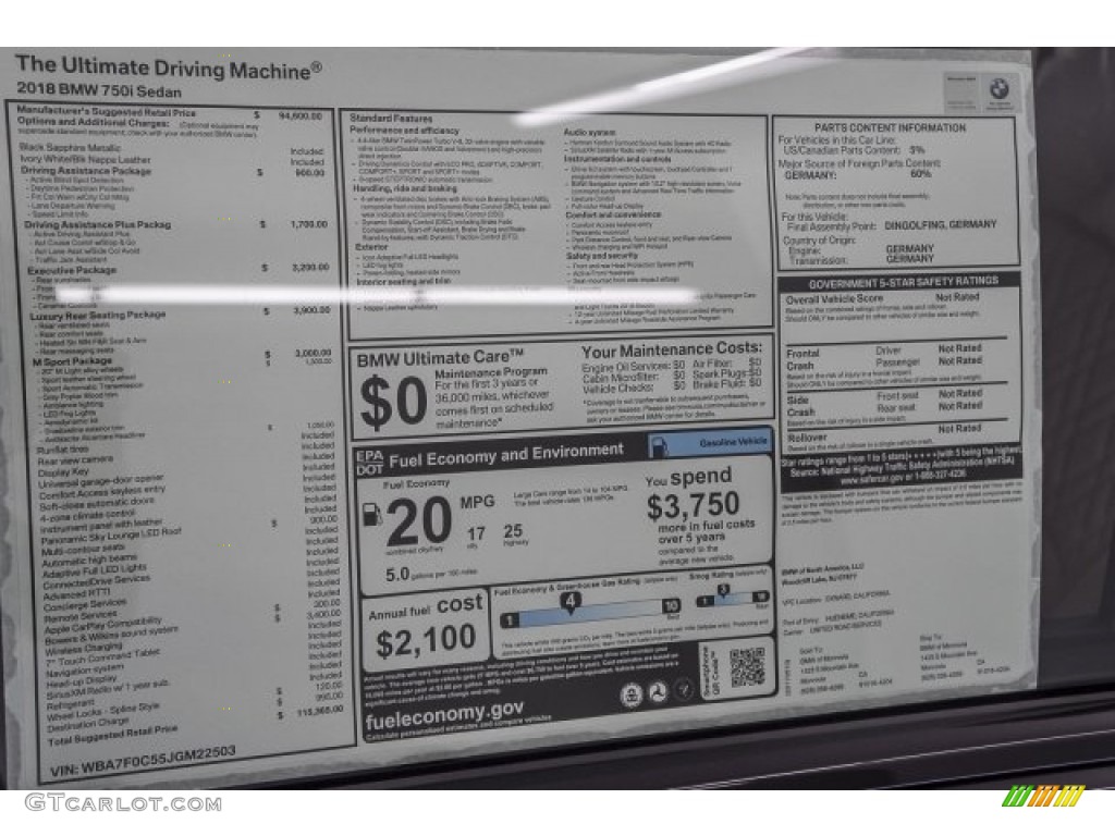 2018 BMW 7 Series 750i Sedan Window Sticker Photo #120540624