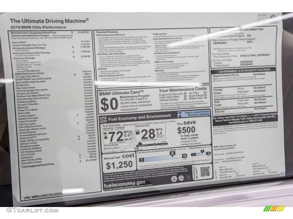 2018 BMW 5 Series 530e iPerfomance Sedan Window Sticker Photo #120540843