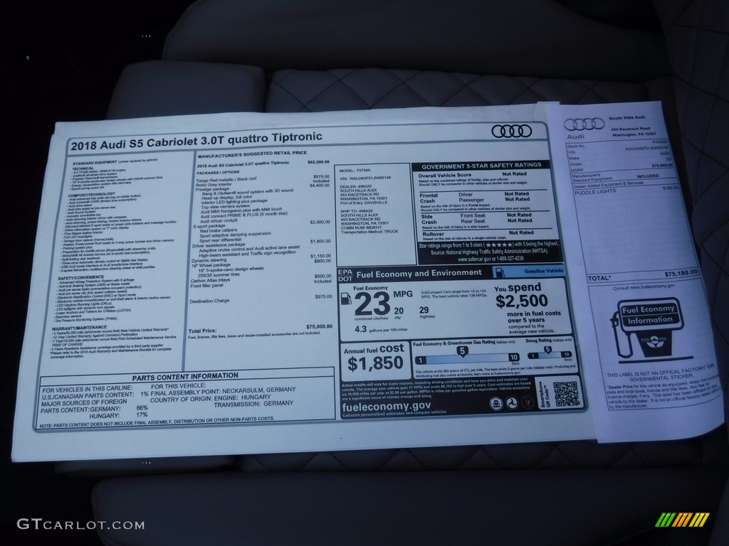 2018 Audi S5 Premium Plus Cabriolet Window Sticker Photo #120557397