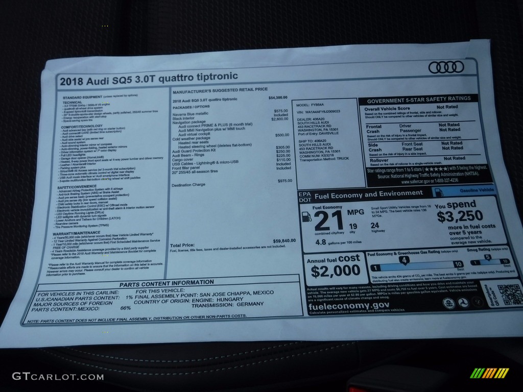 2018 Audi SQ5 3.0 TFSI Premium Plus Window Sticker Photo #120557904