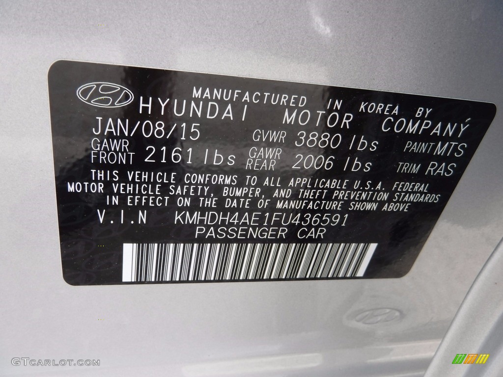 2015 Elantra SE Sedan - Symphony Silver / Gray photo #26