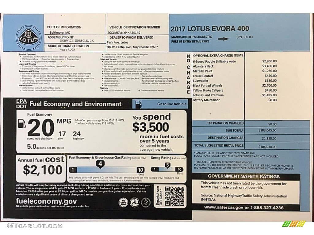 2017 Lotus Evora 400 Window Sticker Photo #120577069