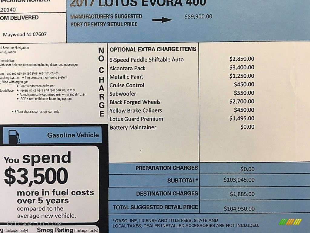 2017 Lotus Evora 400 Window Sticker Photo #120577092