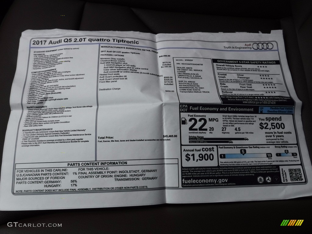 2017 Audi Q5 2.0 TFSI Premium quattro Window Sticker Photo #120578707