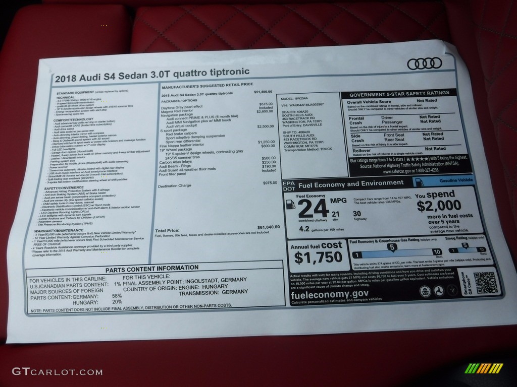 2018 Audi S4 Premium Plus quattro Sedan Window Sticker Photo #120580906