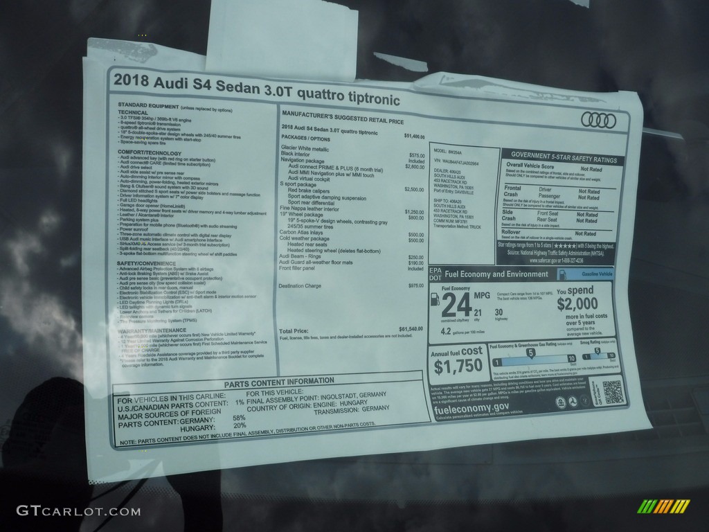 2018 Audi S4 Premium Plus quattro Sedan Window Sticker Photo #120581943