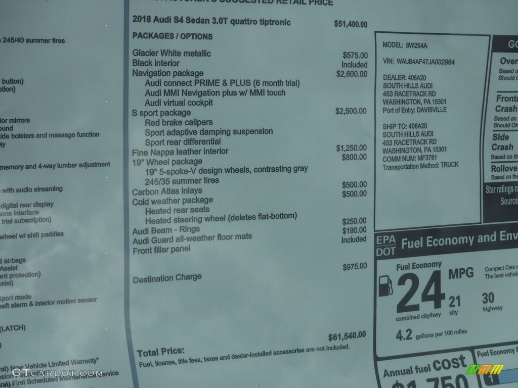 2018 Audi S4 Premium Plus quattro Sedan Window Sticker Photo #120581956
