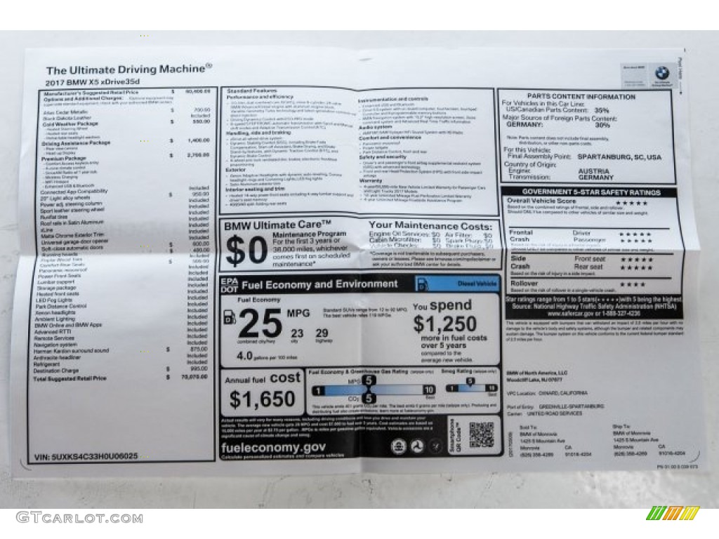 2017 BMW X5 xDrive35d Window Sticker Photo #120595580