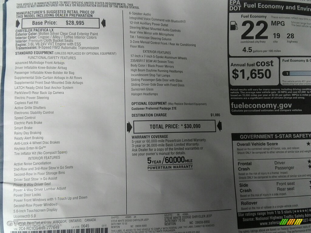 2017 Chrysler Pacifica LX Window Sticker Photo #120635720