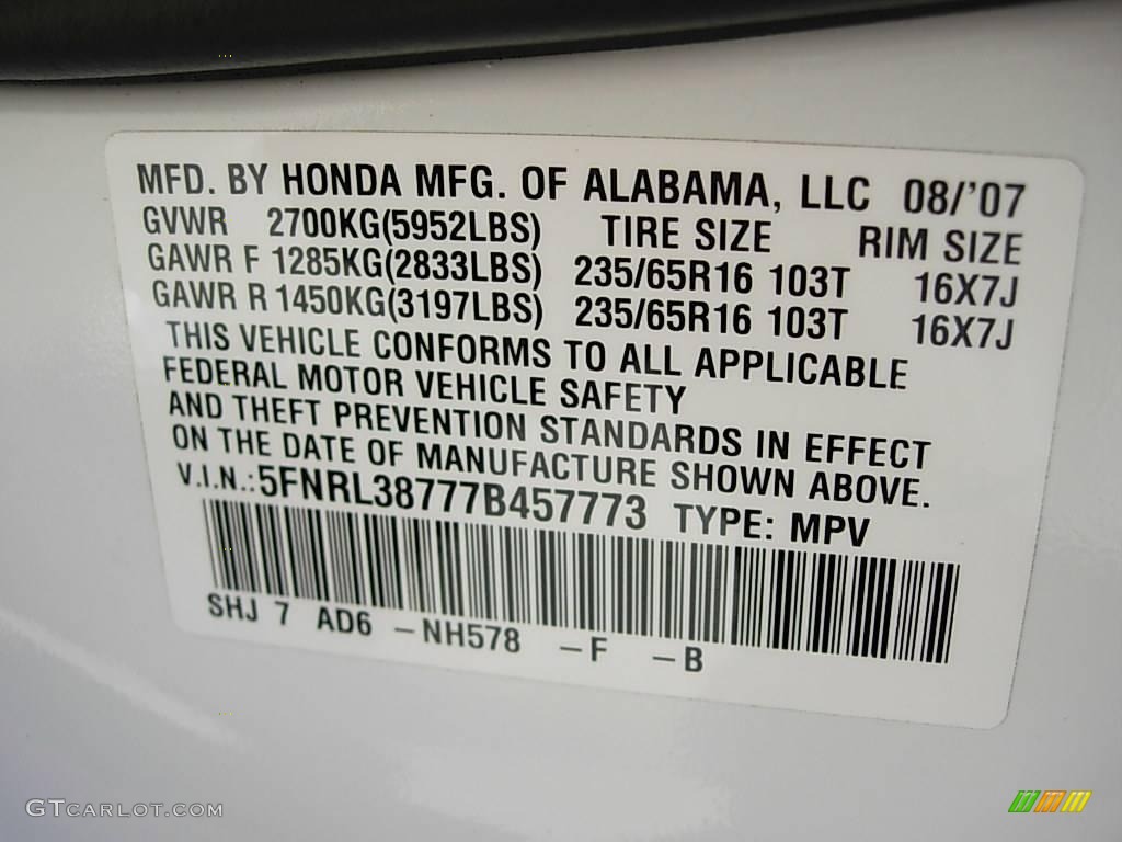 2007 Odyssey Color Code NH578 for Taffeta White Photo #1206368