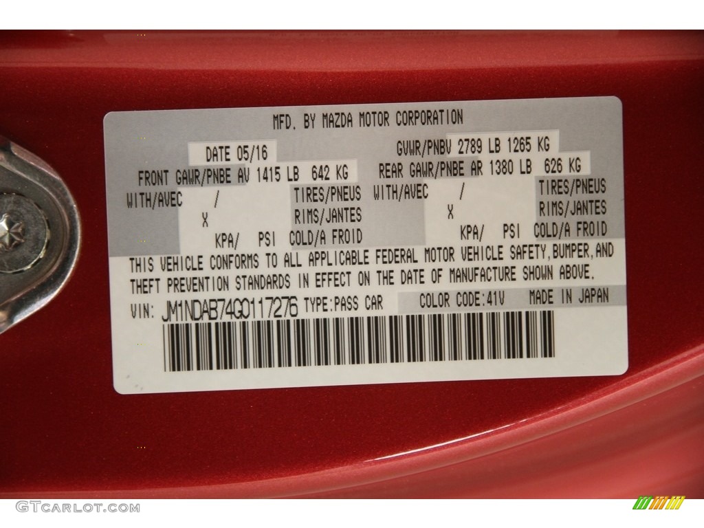 2016 MX-5 Miata Color Code 41V for Soul Red Metallic Photo #120650783