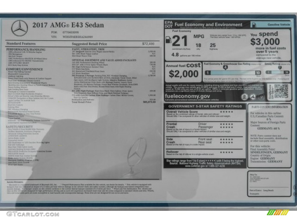 2017 Mercedes-Benz E 43 AMG 4Matic Sedan Window Sticker Photos