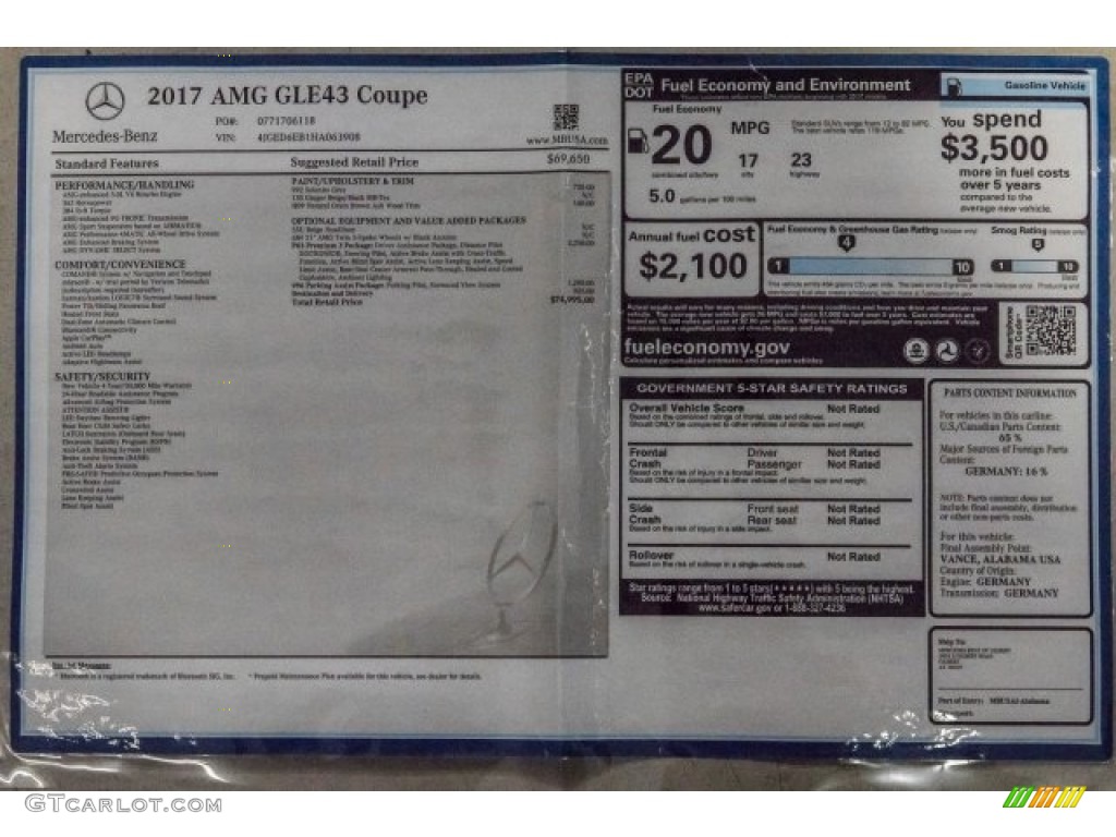 2017 Mercedes-Benz GLE 43 AMG 4Matic Coupe Window Sticker Photo #120673861