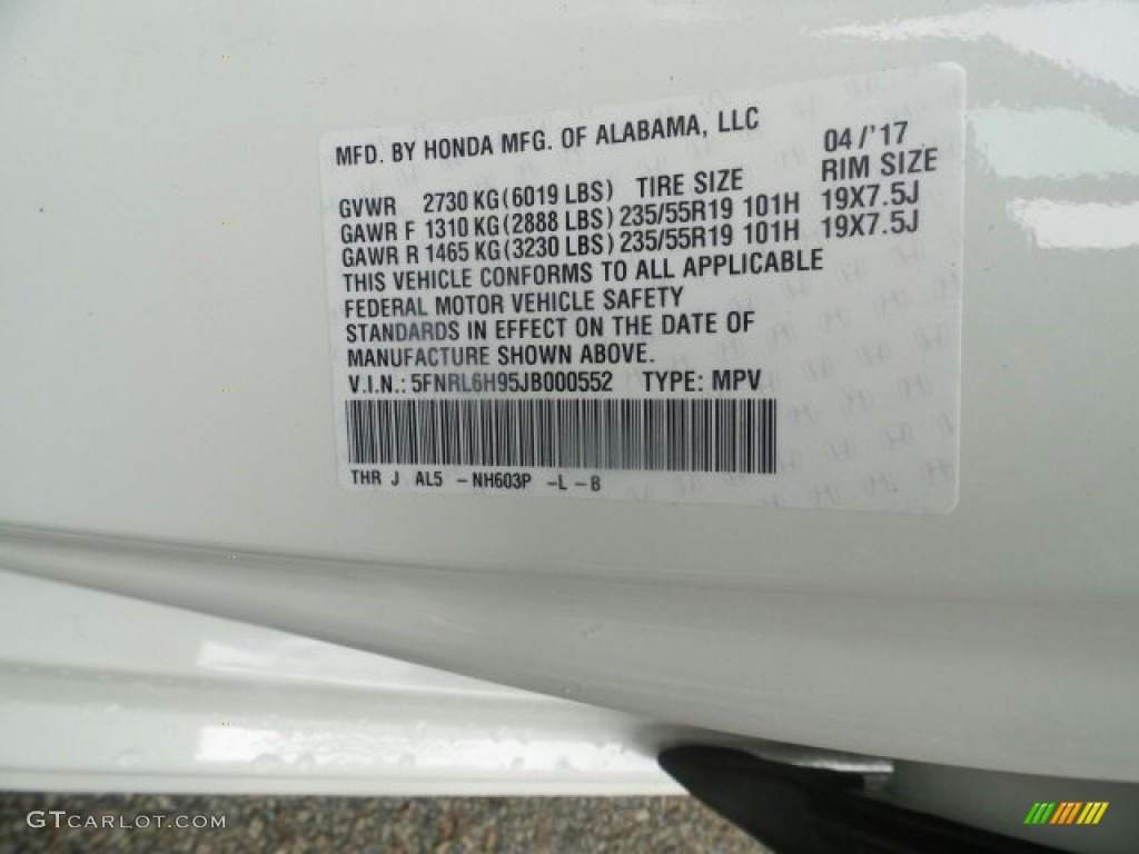 2018 Odyssey Color Code NH603P for White Diamond Pearl Photo #120681056