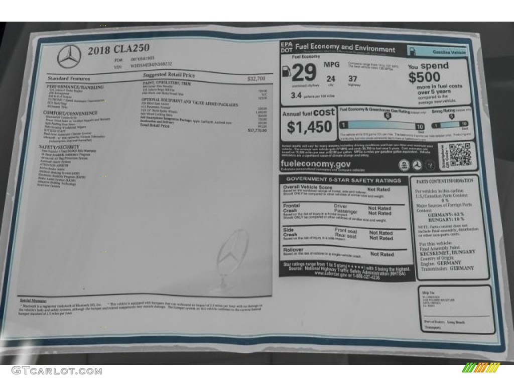 2018 Mercedes-Benz CLA 250 Coupe Window Sticker Photo #120687254