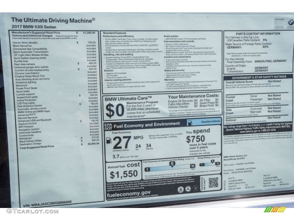 2017 5 Series 530i Sedan - Glacier Silver Metallic / Black photo #10