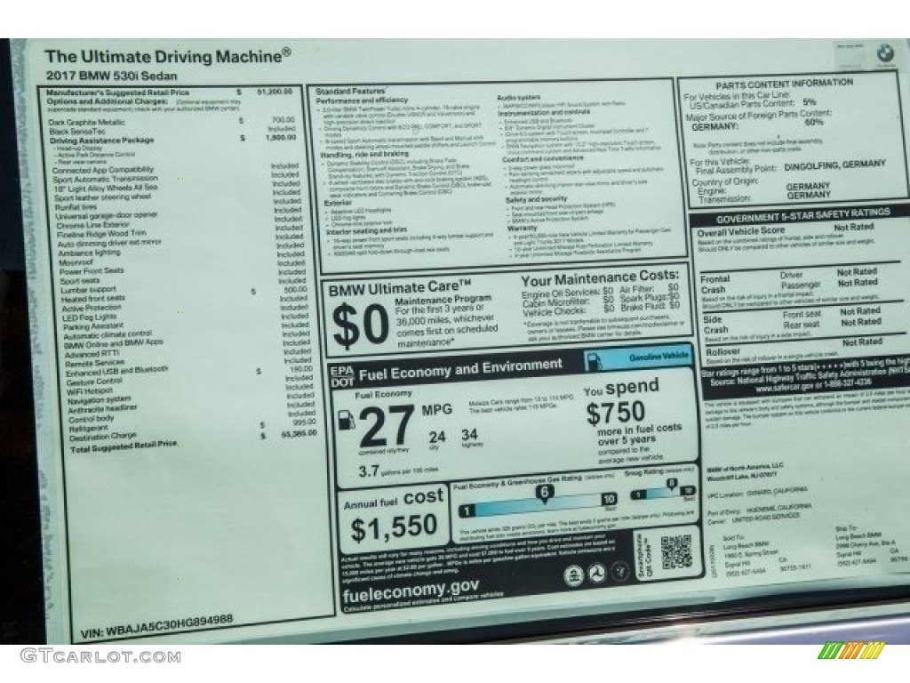 2017 5 Series 530i Sedan - Dark Graphite Metallic / Black photo #10