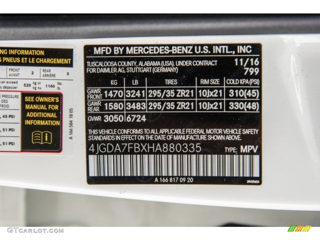 2017 GLE Color Code 799 for designo Diamond White Metallic Photo #120715013
