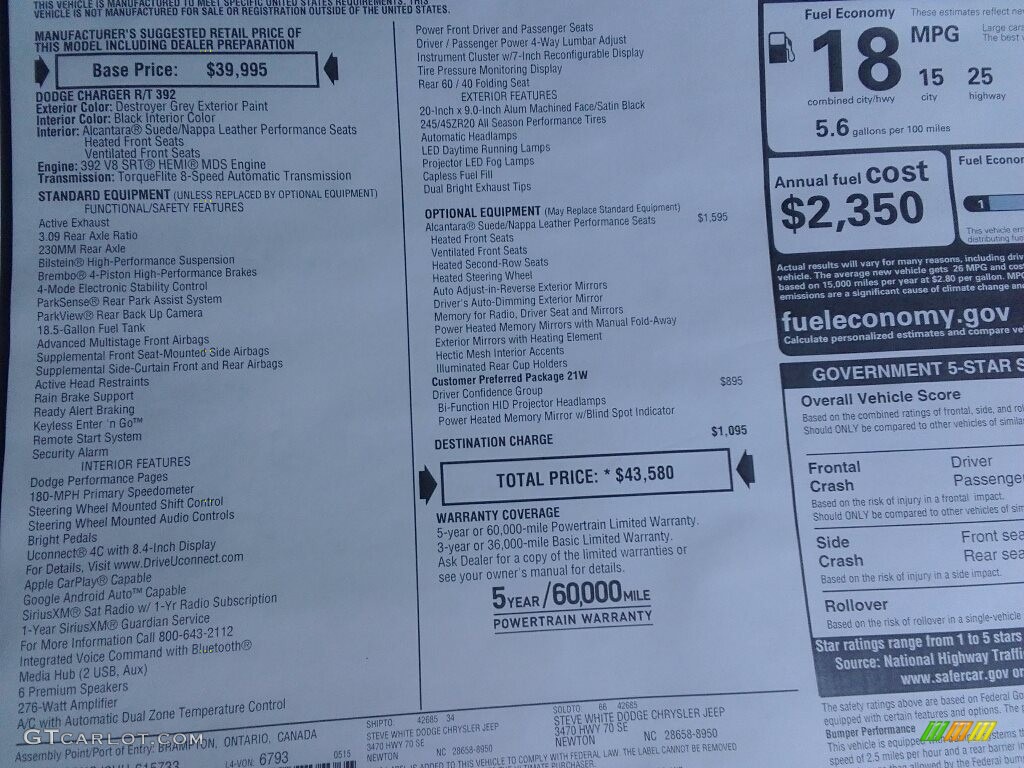 2017 Dodge Charger R/T Scat Pack Window Sticker Photo #120811431